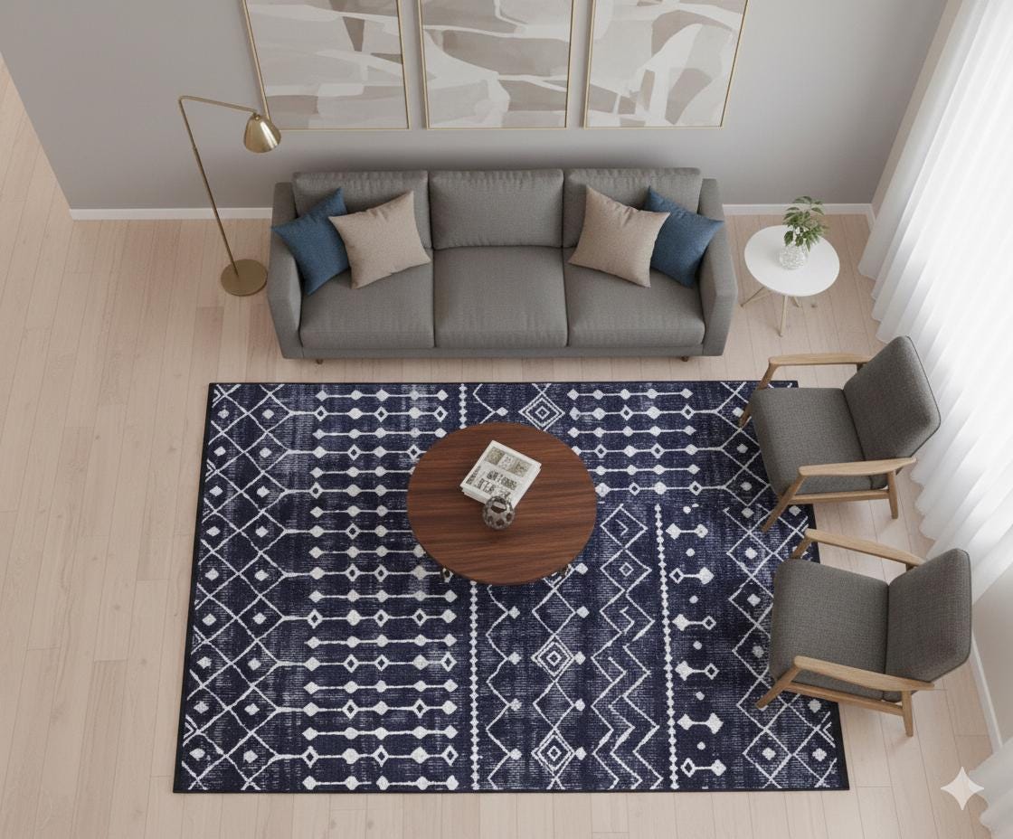 Modern Geometric Washable Area Rug – Black & White Tribal Boho Non-Slip Carpet