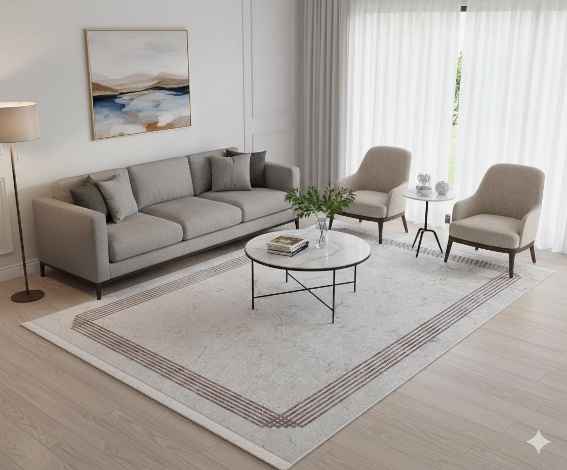 Cream Marble Texture Area Rug, Modern Minimalist Border Carpet, Machine Washable Home Decor