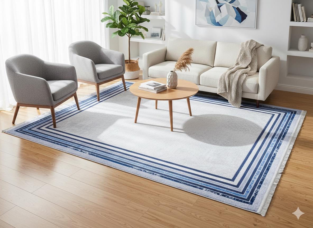Modern Blue Border Washable Area Rug – Distressed Gray Carpet, Coastal Farmhouse Decor