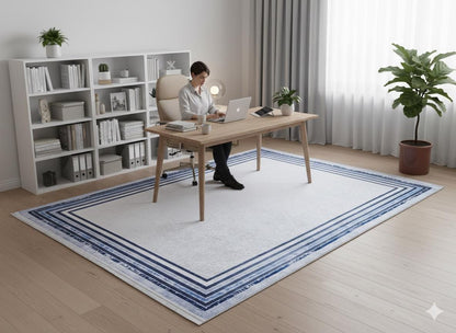 Modern Blue Border Washable Area Rug – Distressed Gray Carpet, Coastal Farmhouse Decor