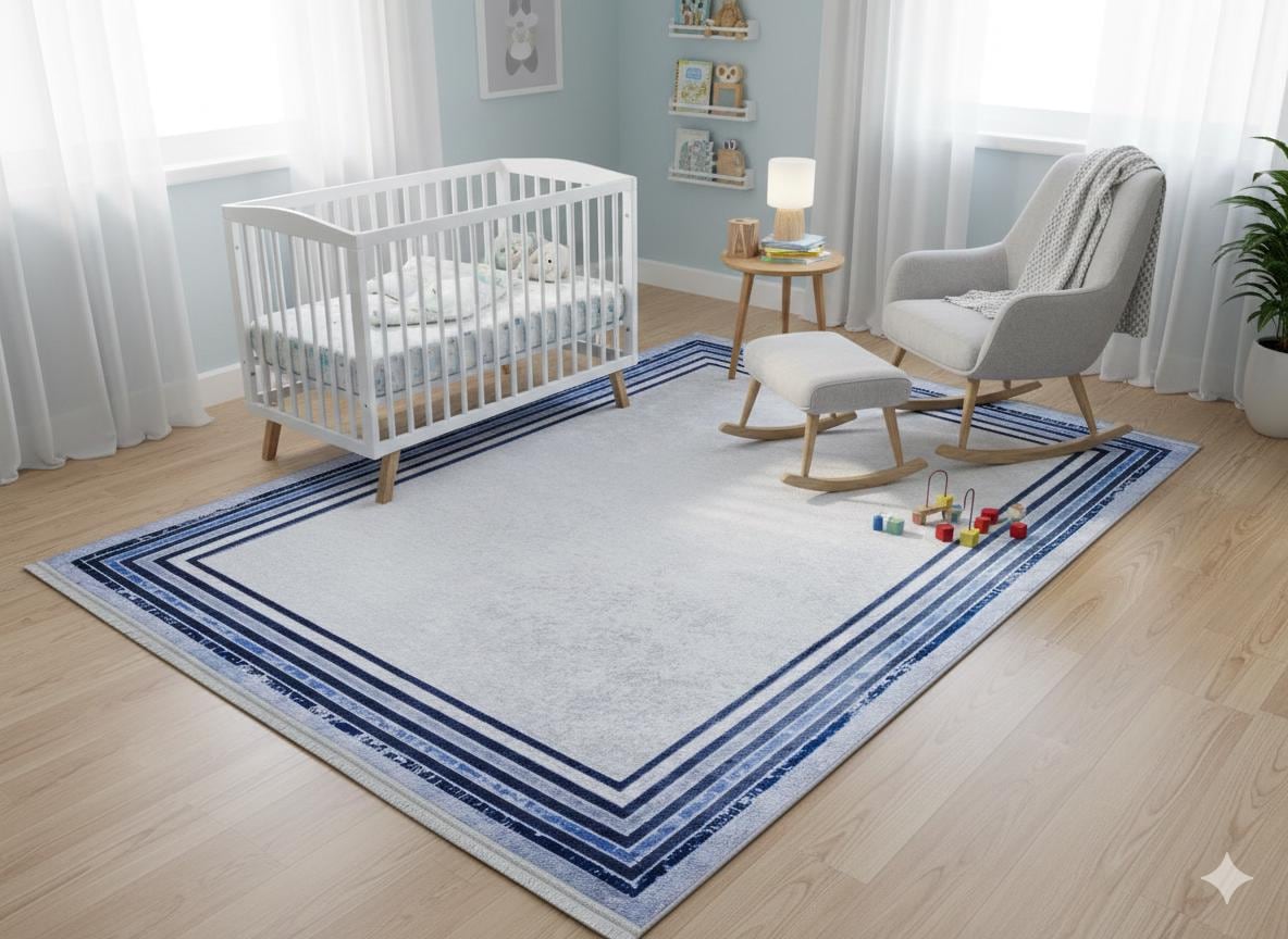 Modern Blue Border Washable Area Rug – Distressed Gray Carpet, Coastal Farmhouse Decor