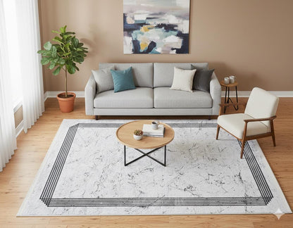 Modern Marble Washable Area Rug – Grey & White Minimalist Geometric Border Carpet