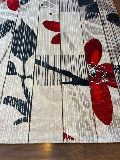 Modern Floral Abstract Area Rug – 5x8 Large Red Flower Art Carpet – Mid Century