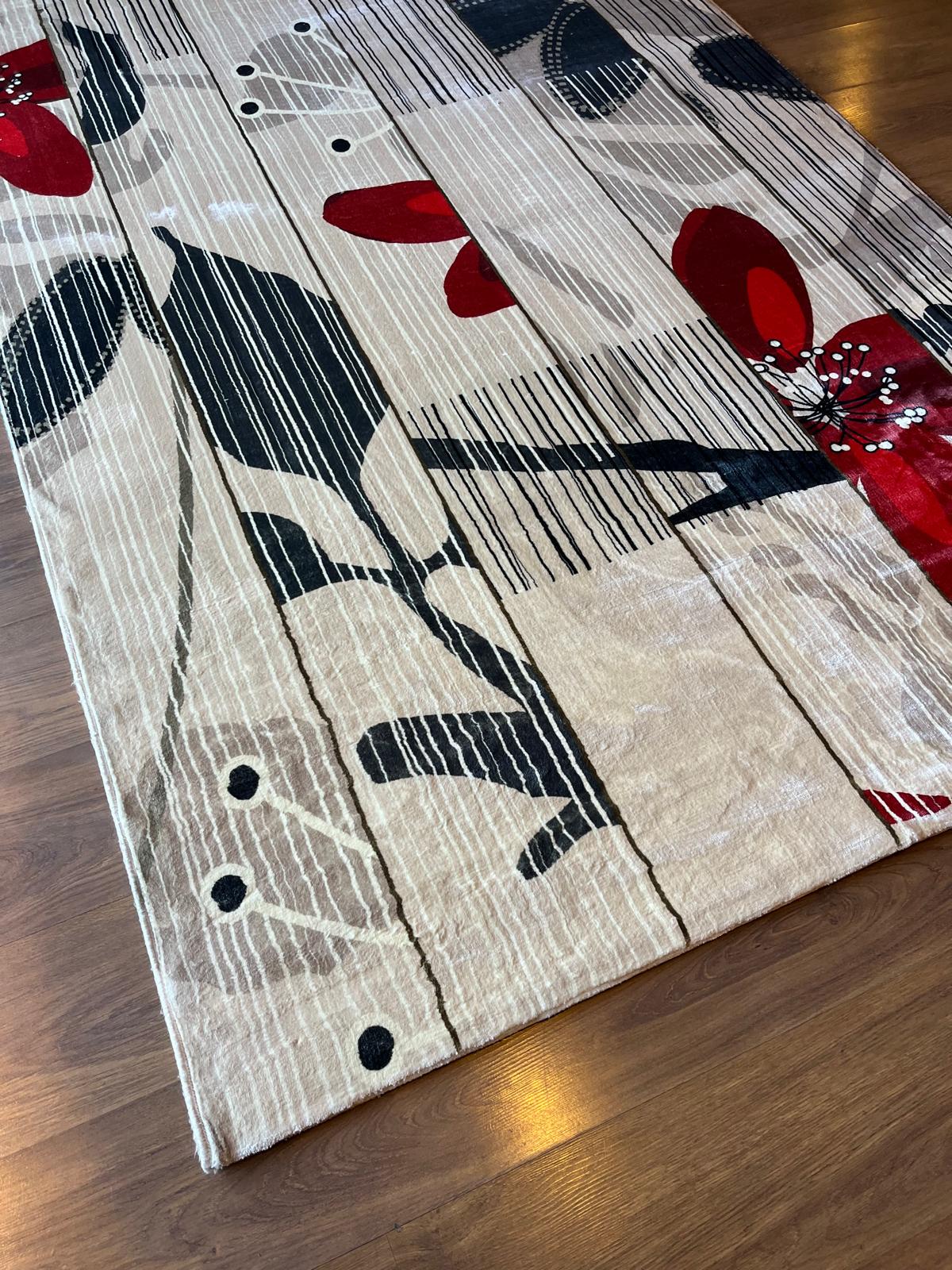 Modern Floral Abstract Area Rug – 5x8 Large Red Flower Art Carpet – Mid Century