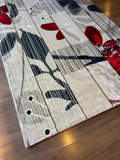 Modern Floral Abstract Area Rug – 5x8 Large Red Flower Art Carpet – Mid Century