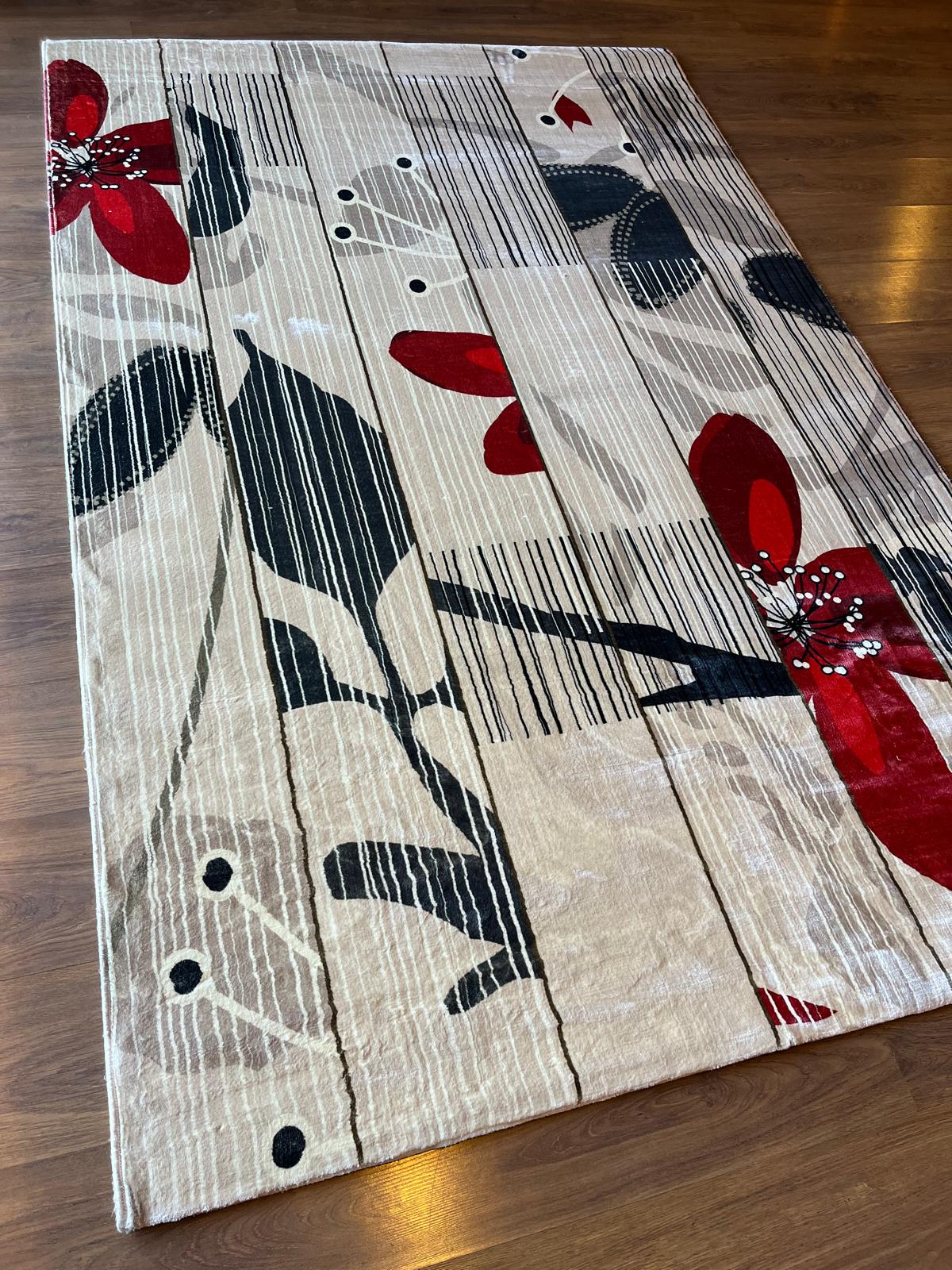 Modern Floral Abstract Area Rug – 5x8 Large Red Flower Art Carpet – Mid Century
