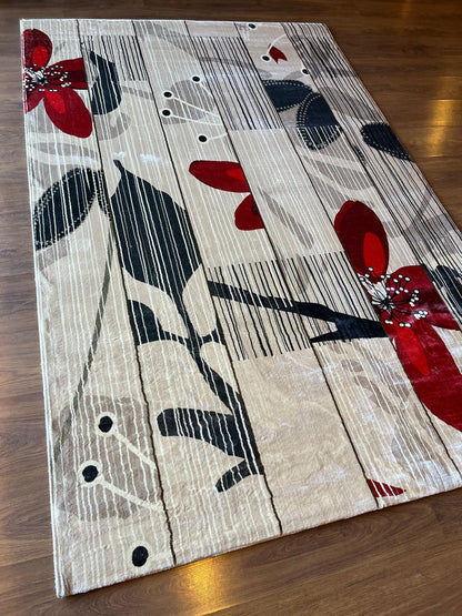 Modern Floral Abstract Area Rug – 5x8 Large Red Flower Art Carpet – Mid Century