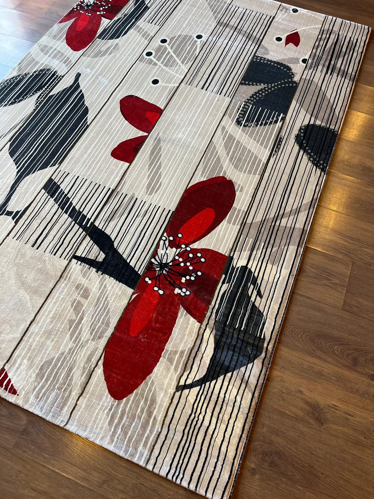 Modern Floral Abstract Area Rug – 5x8 Large Red Flower Art Carpet – Mid Century