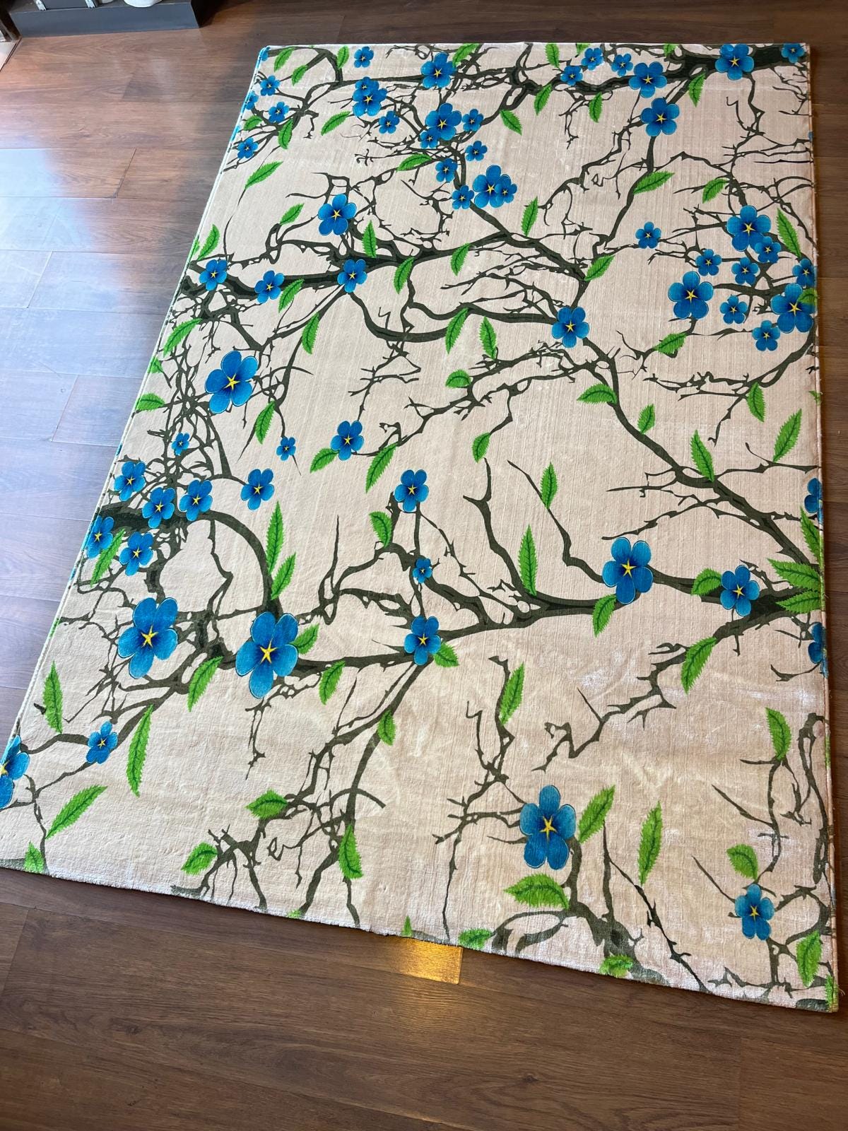Blue Floral Branch Area Rug, 5x8 Large Modern Cherry Blossom Carpet, Anti-Allergic