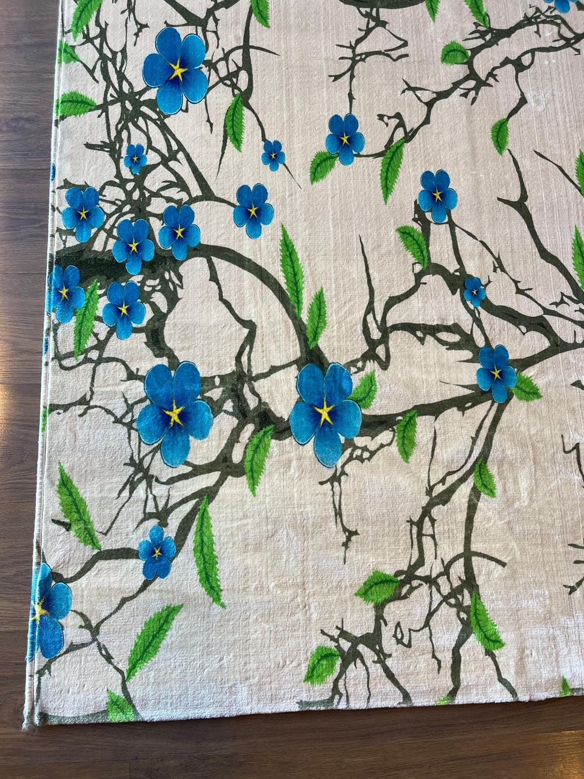 Blue Floral Branch Area Rug, 5x8 Large Modern Cherry Blossom Carpet, Anti-Allergic