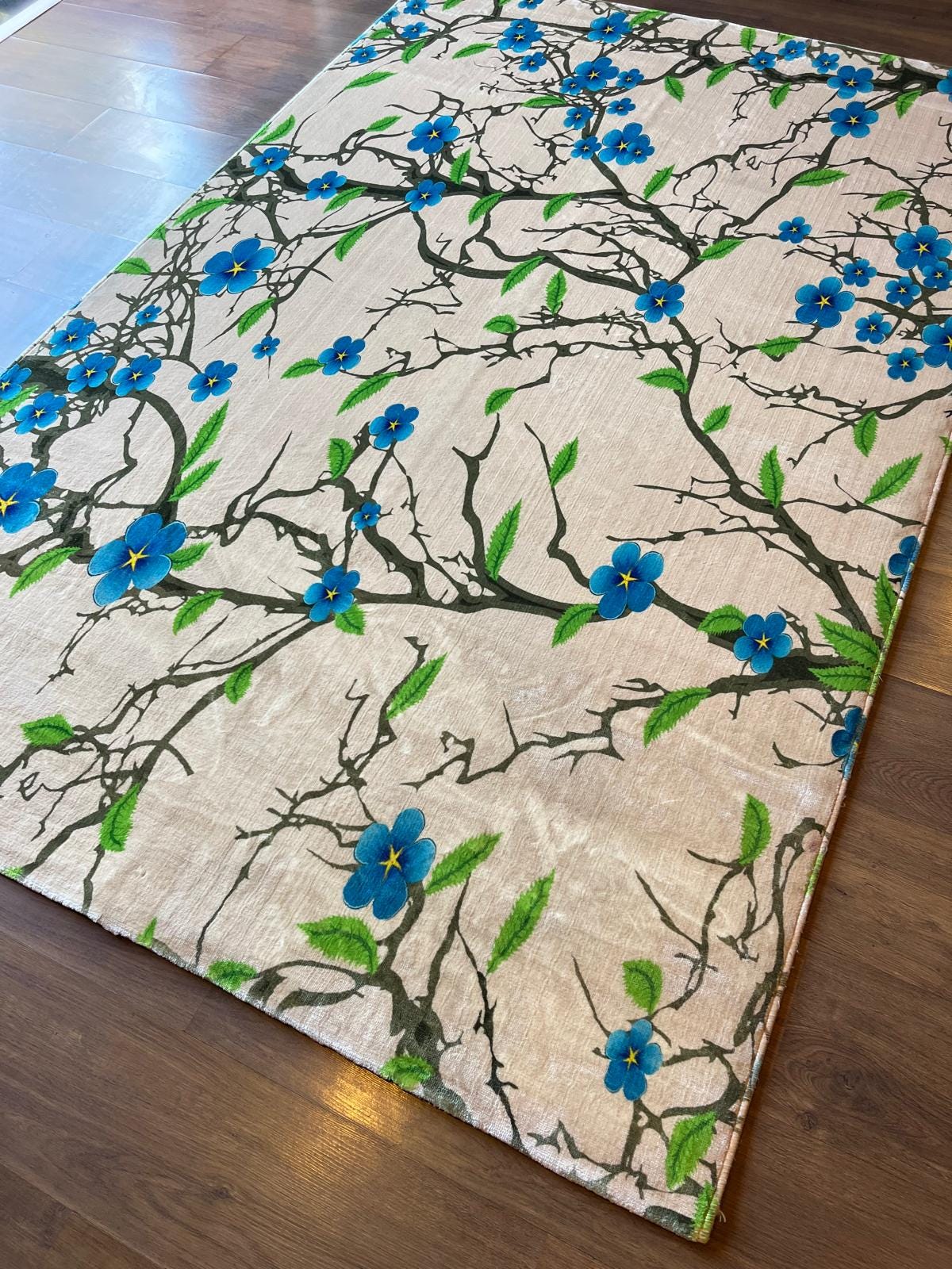 Blue Floral Branch Area Rug, 5x8 Large Modern Cherry Blossom Carpet, Anti-Allergic