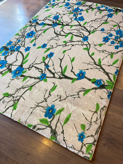 Blue Floral Branch Area Rug, 5x8 Large Modern Cherry Blossom Carpet, Anti-Allergic