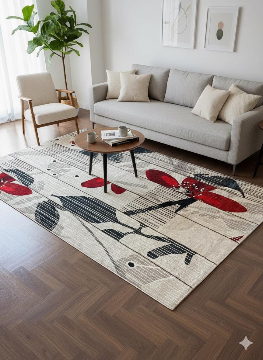 Modern Floral Abstract Area Rug – 5x8 Large Red Flower Art Carpet – Mid Century
