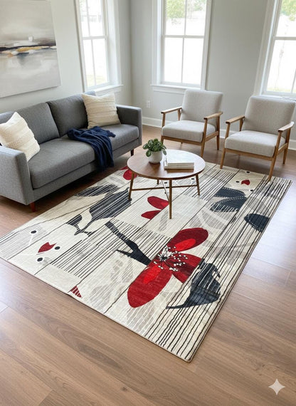 Modern Floral Abstract Area Rug – 5x8 Large Red Flower Art Carpet – Mid Century
