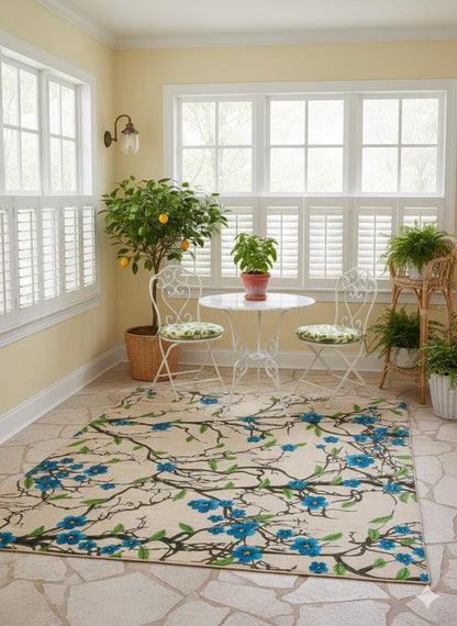 Blue Floral Branch Area Rug, 5x8 Large Modern Cherry Blossom Carpet, Anti-Allergic