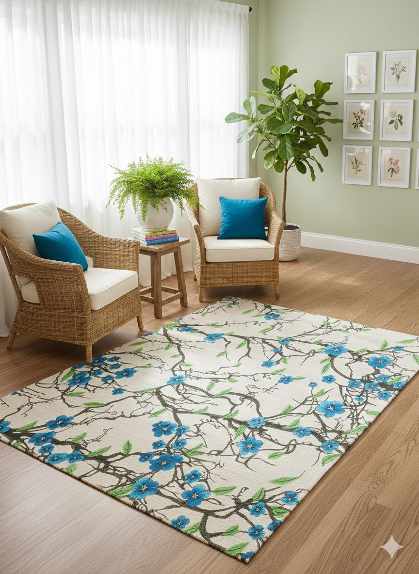Blue Floral Branch Area Rug, 5x8 Large Modern Cherry Blossom Carpet, Anti-Allergic