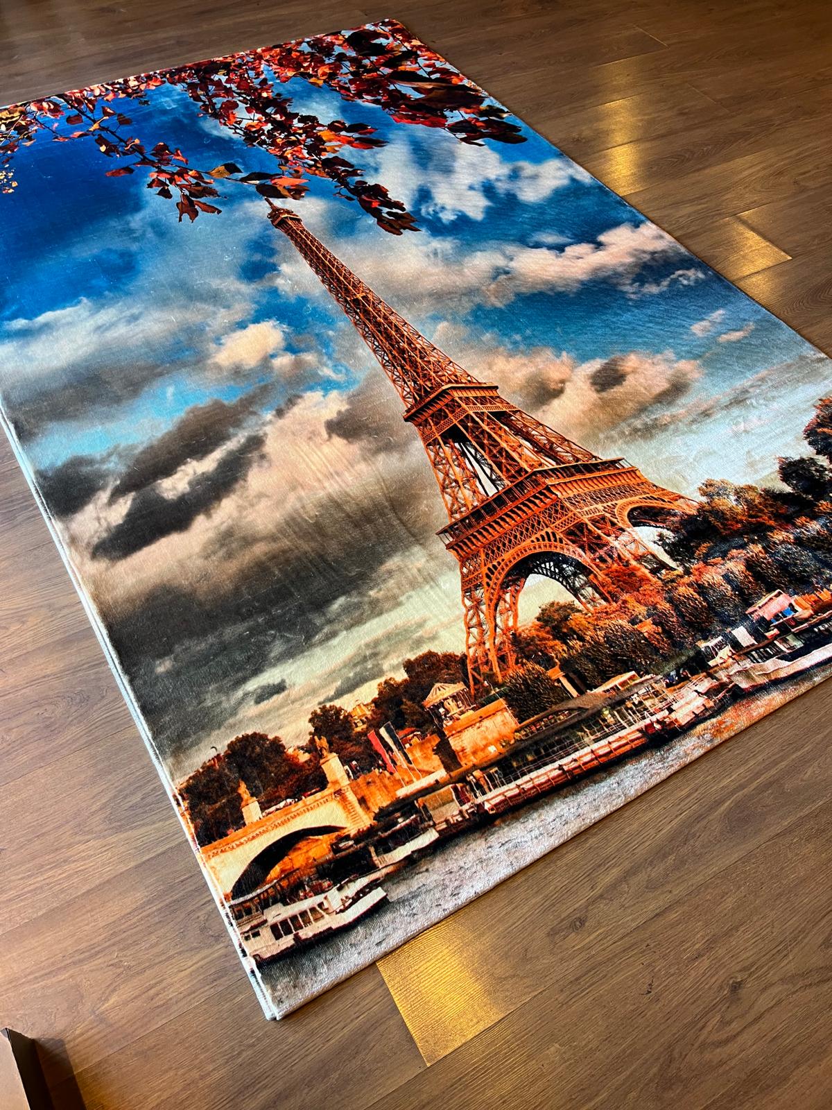 Eiffel Tower Area Rug – Autumn Paris Cityscape, Hypoallergenic 5x8ft
