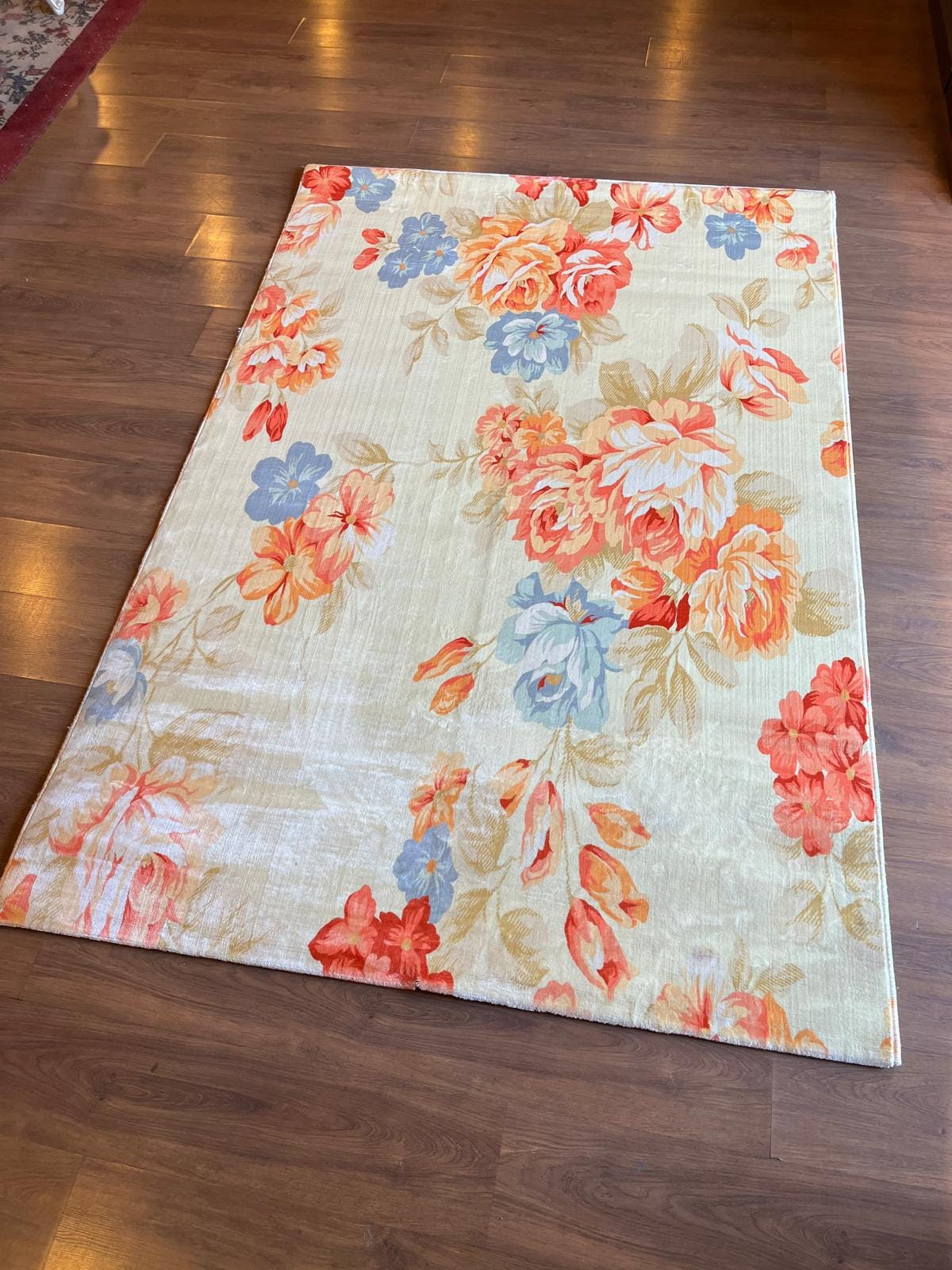 Large Floral 5x8 Rug, Orange and Blue Rose Area Rug for Living Room, Non-Shedding