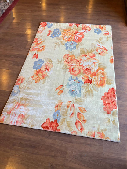 Large Floral 5x8 Rug, Orange and Blue Rose Area Rug for Living Room, Non-Shedding