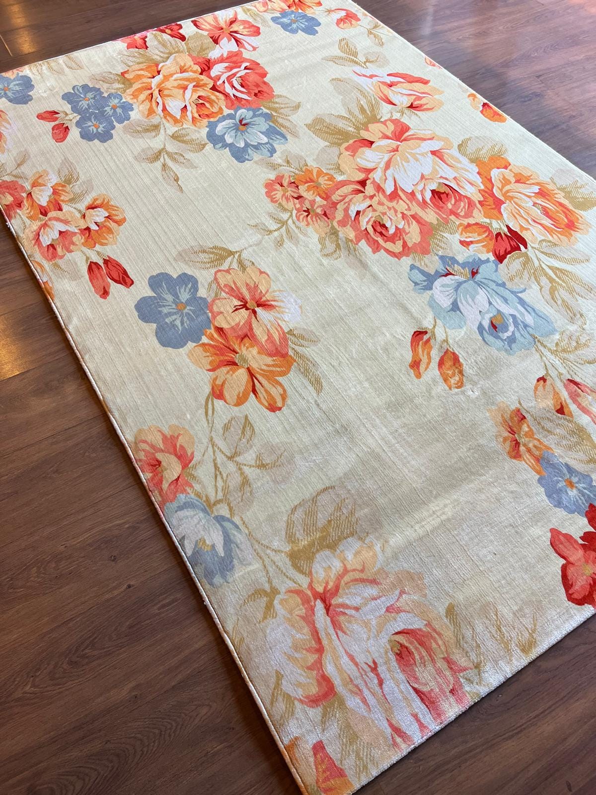 Large Floral 5x8 Rug, Orange and Blue Rose Area Rug for Living Room, Non-Shedding