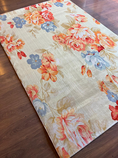 Large Floral 5x8 Rug, Orange and Blue Rose Area Rug for Living Room, Non-Shedding