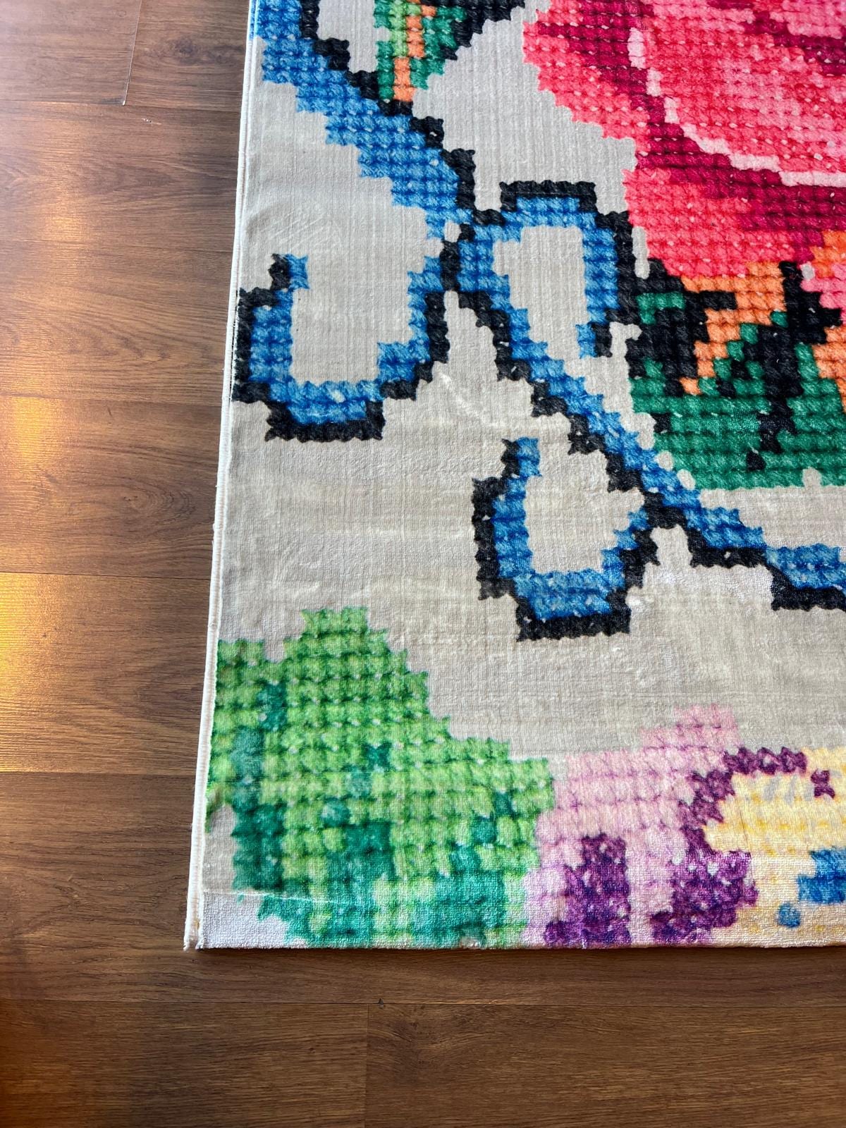 Pink Rose Floral Area Rug – Modern Pixel Art Polyester Carpet (5x8 ft.)