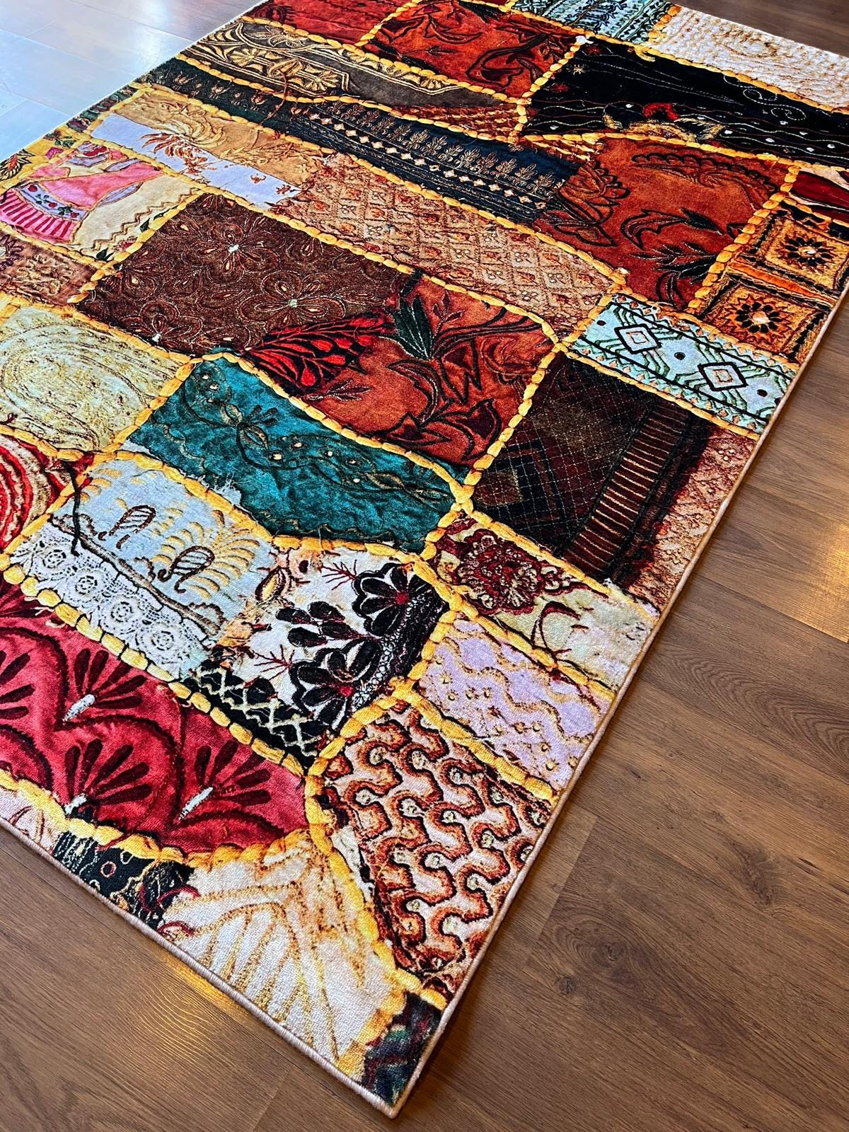 Boho Patchwork Area Rug – 5x8 ft, Colorful Eclectic Polyester Rug