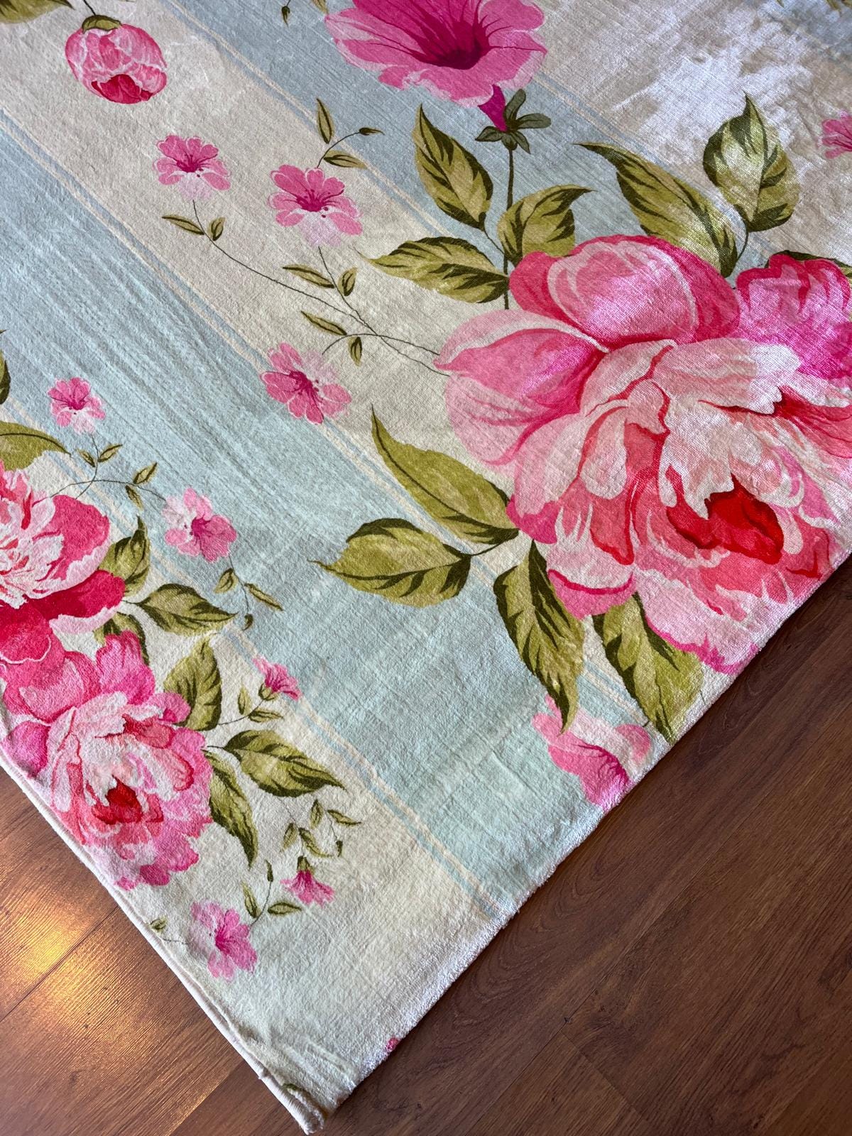 Pink Floral Area Rug, Blue Striped Botanical Carpet, 5x8ft washable