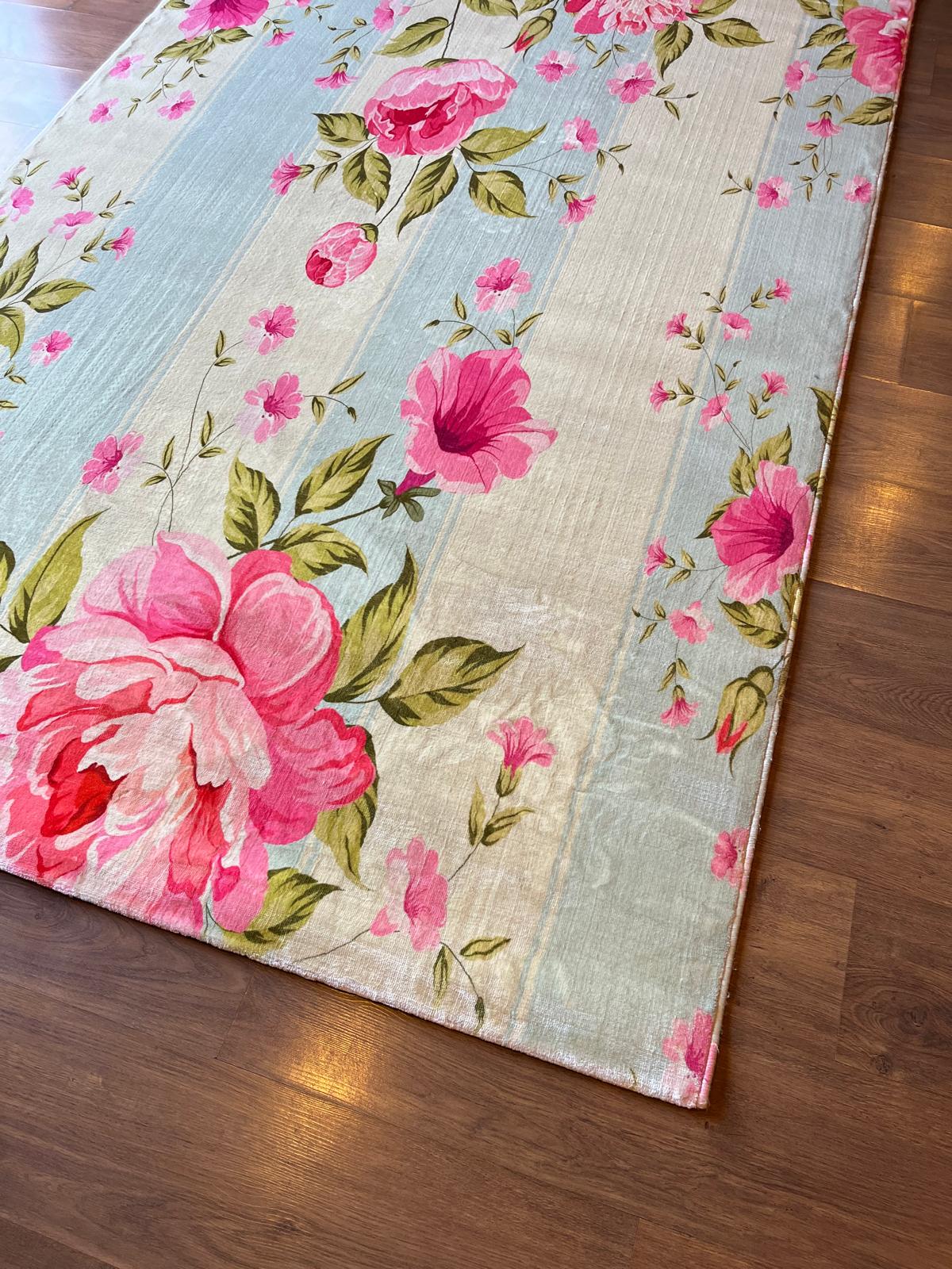 Pink Floral Area Rug, Blue Striped Botanical Carpet, 5x8ft washable