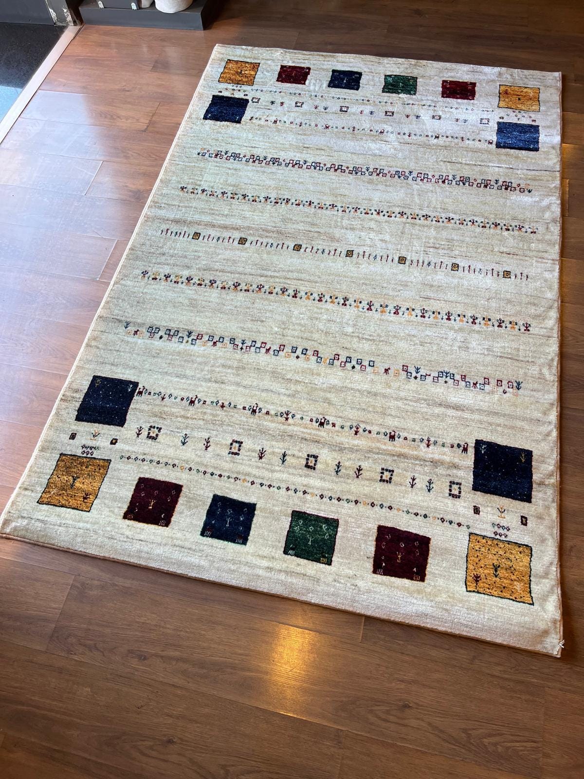 Cream Tribal Area Rug | Modern Gabbeh Geometric Polyester Rug (5x8 ft)