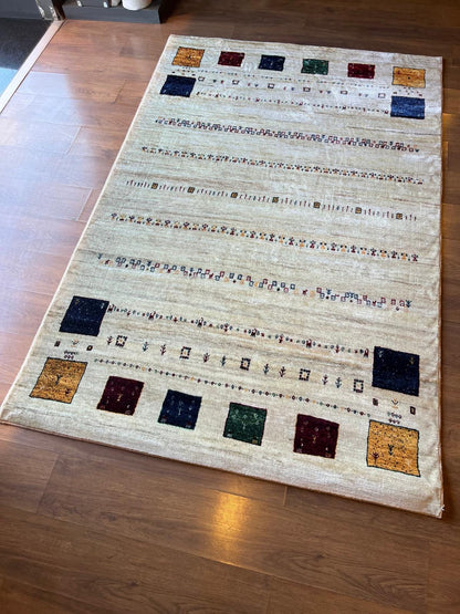 Cream Tribal Area Rug | Modern Gabbeh Geometric Polyester Rug (5x8 ft)