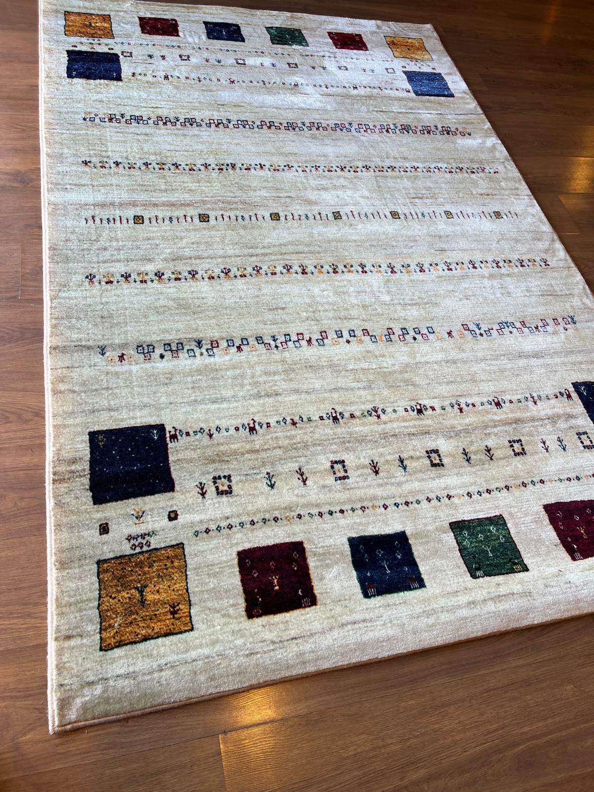 Cream Tribal Area Rug | Modern Gabbeh Geometric Polyester Rug (5x8 ft)