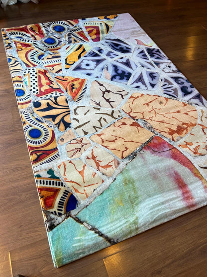 Mosaic Area Rug 5x8 ft | Colorful Abstract Tile Polyester Carpet