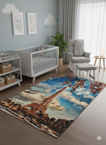 Eiffel Tower Area Rug – Autumn Paris Cityscape, Hypoallergenic 5x8ft