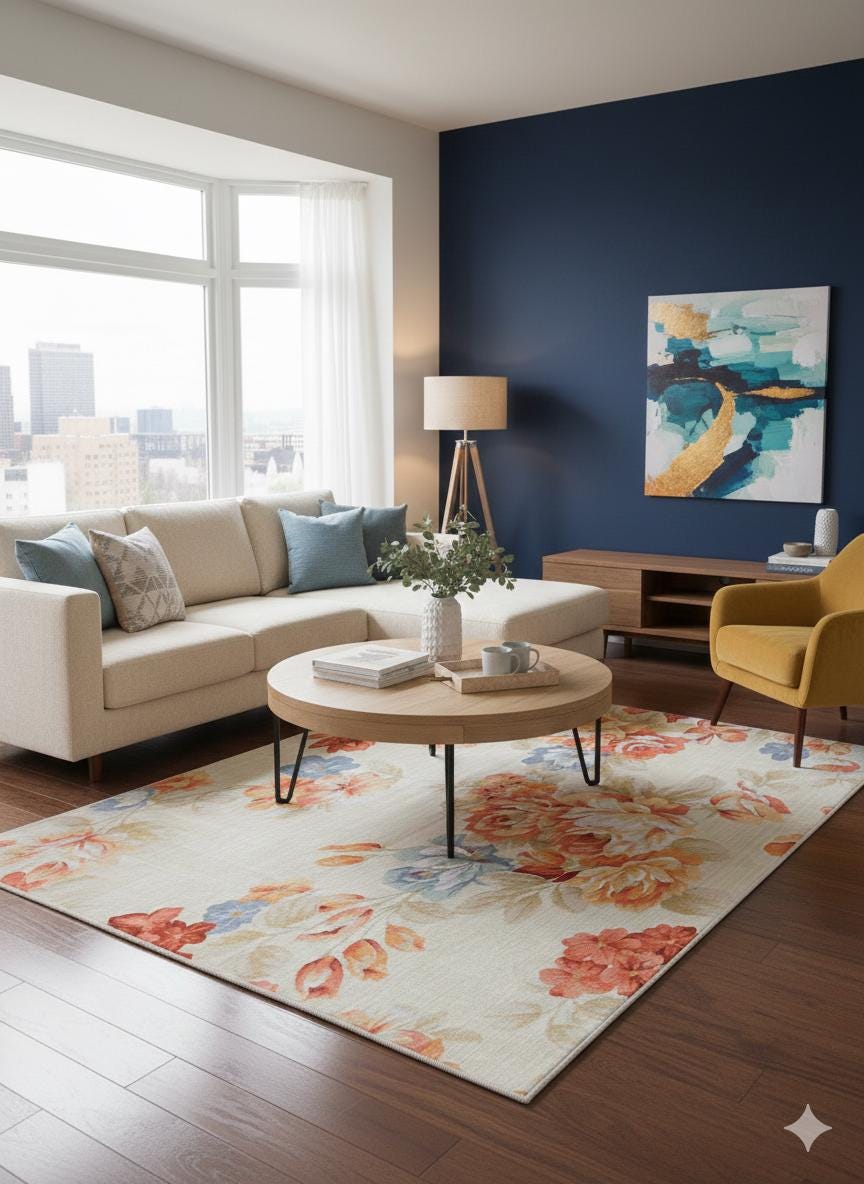 Large Floral 5x8 Rug, Orange and Blue Rose Area Rug for Living Room, Non-Shedding