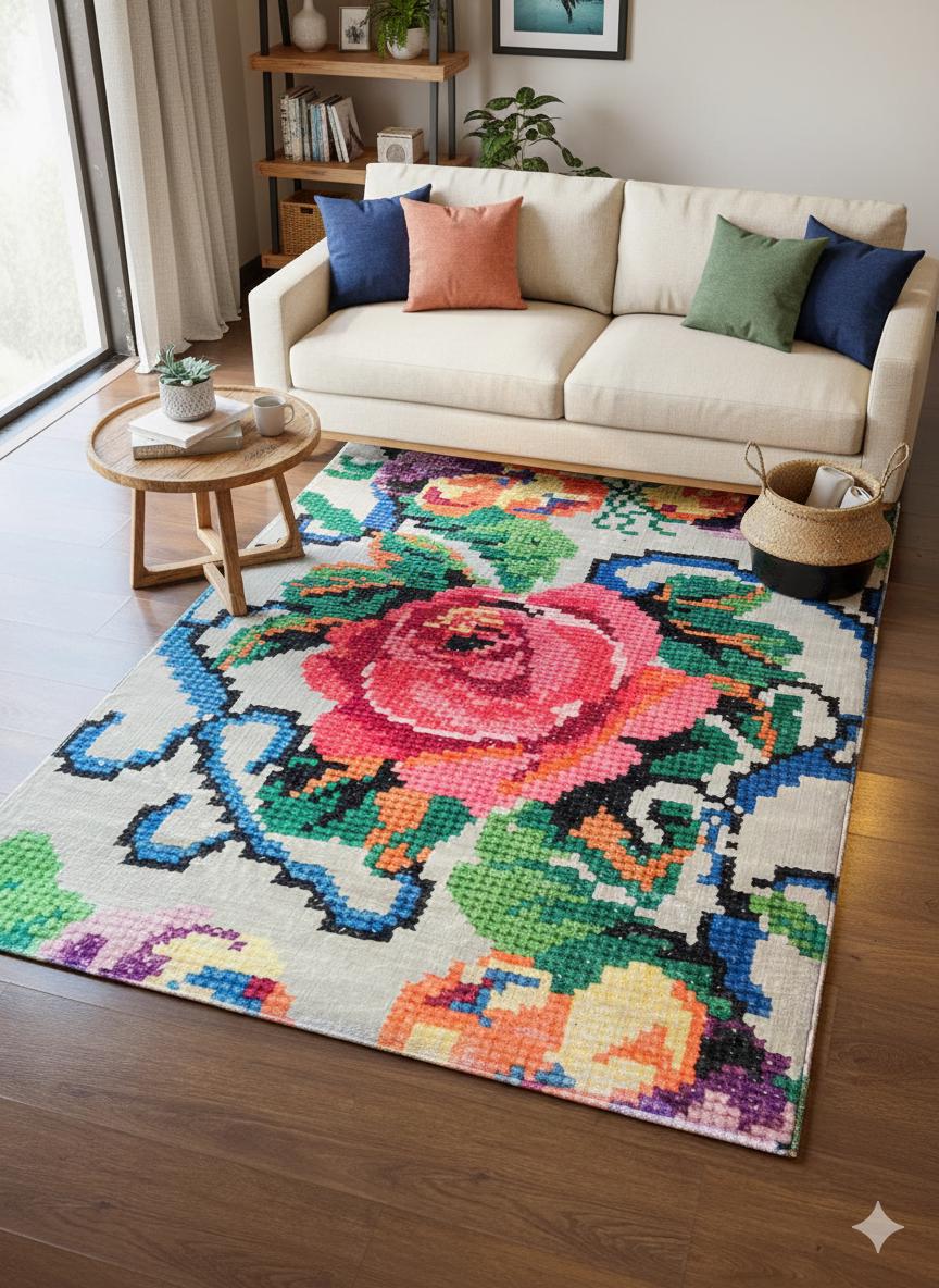 Pink Rose Floral Area Rug – Modern Pixel Art Polyester Carpet (5x8 ft.)