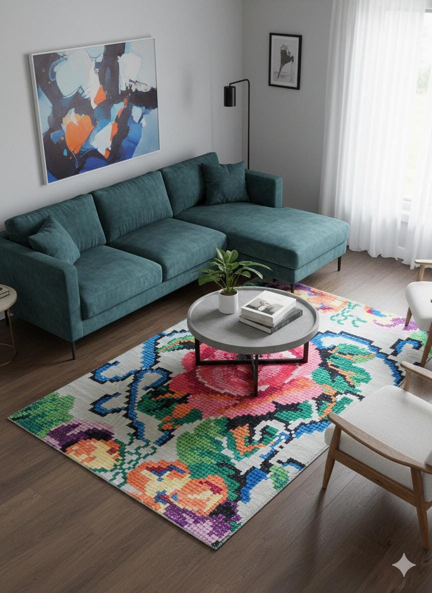 Pink Rose Floral Area Rug – Modern Pixel Art Polyester Carpet (5x8 ft.)