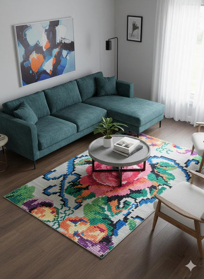 Pink Rose Floral Area Rug – Modern Pixel Art Polyester Carpet (5x8 ft.)