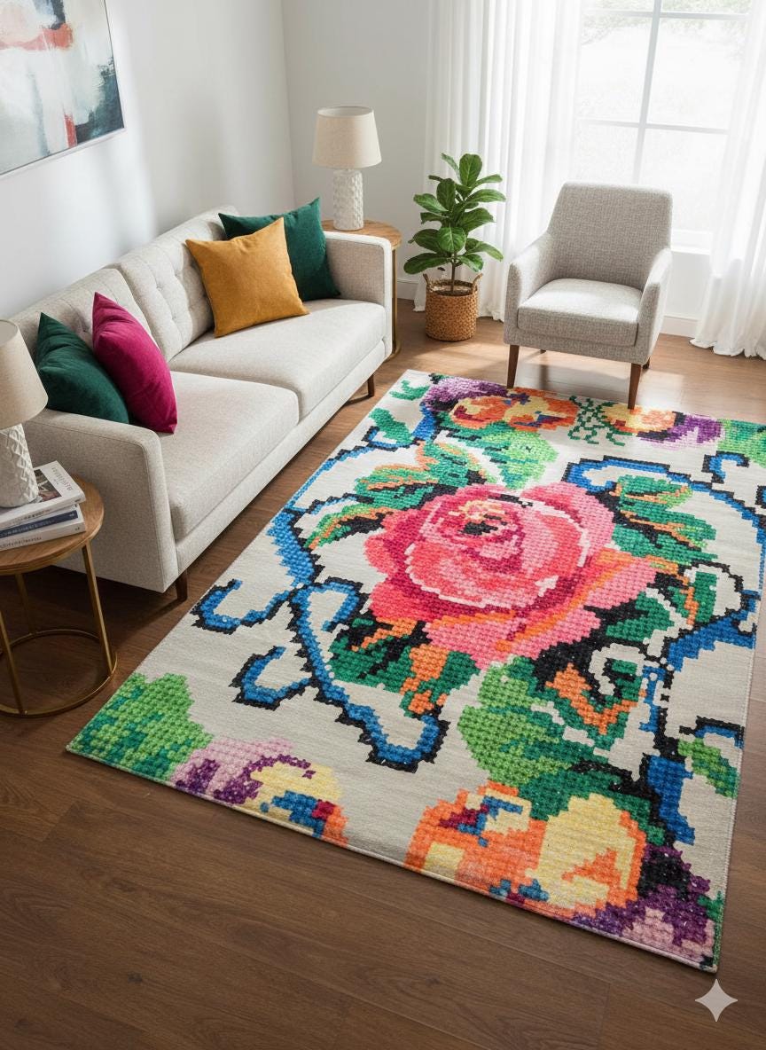 Pink Rose Floral Area Rug – Modern Pixel Art Polyester Carpet (5x8 ft.)