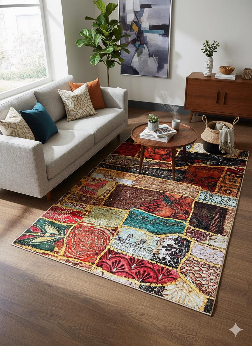 Boho Patchwork Area Rug – 5x8 ft, Colorful Eclectic Polyester Rug