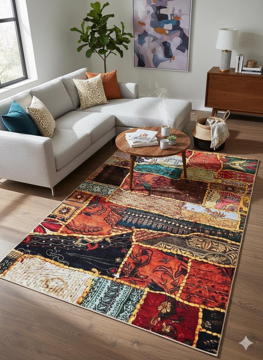 Boho Patchwork Area Rug – 5x8 ft, Colorful Eclectic Polyester Rug