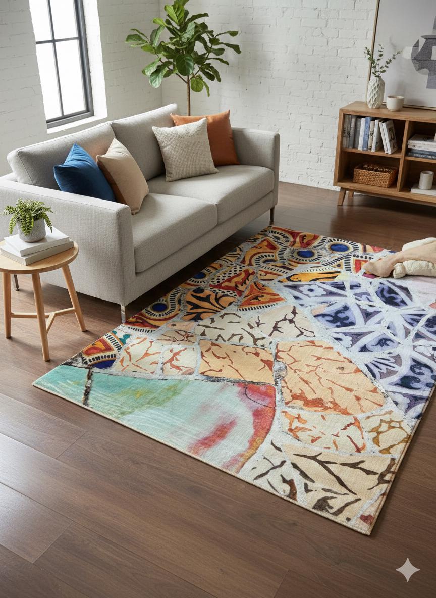 Mosaic Area Rug 5x8 ft | Colorful Abstract Tile Polyester Carpet