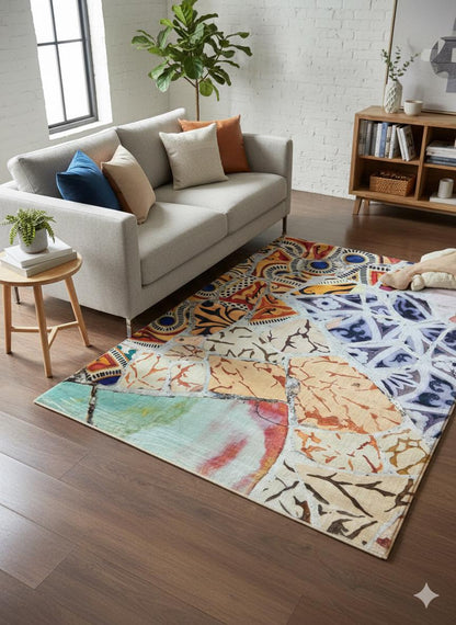 Mosaic Area Rug 5x8 ft | Colorful Abstract Tile Polyester Carpet