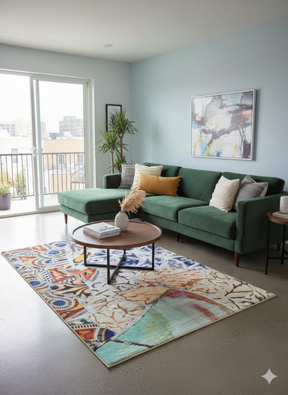 Mosaic Area Rug 5x8 ft | Colorful Abstract Tile Polyester Carpet