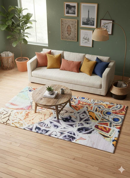 Mosaic Area Rug 5x8 ft | Colorful Abstract Tile Polyester Carpet