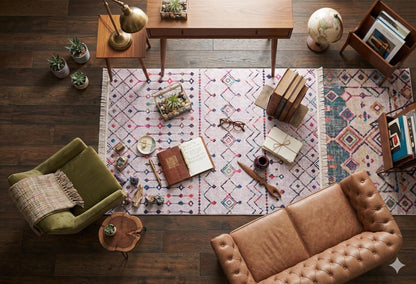 Boho Moroccan Area Rug – Colorful Tribal Geometric Carpet, Washable Bohemian Living Room