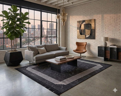 Modern Black Marble Area Rug, Minimalist Geometric Border Carpet, Contemporary Living Room Floor Rug