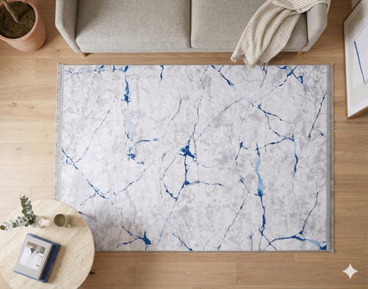 Modern Marble Area Rug – Blue Vein Abstract Carpet, Contemporary Living Room Floor Rug