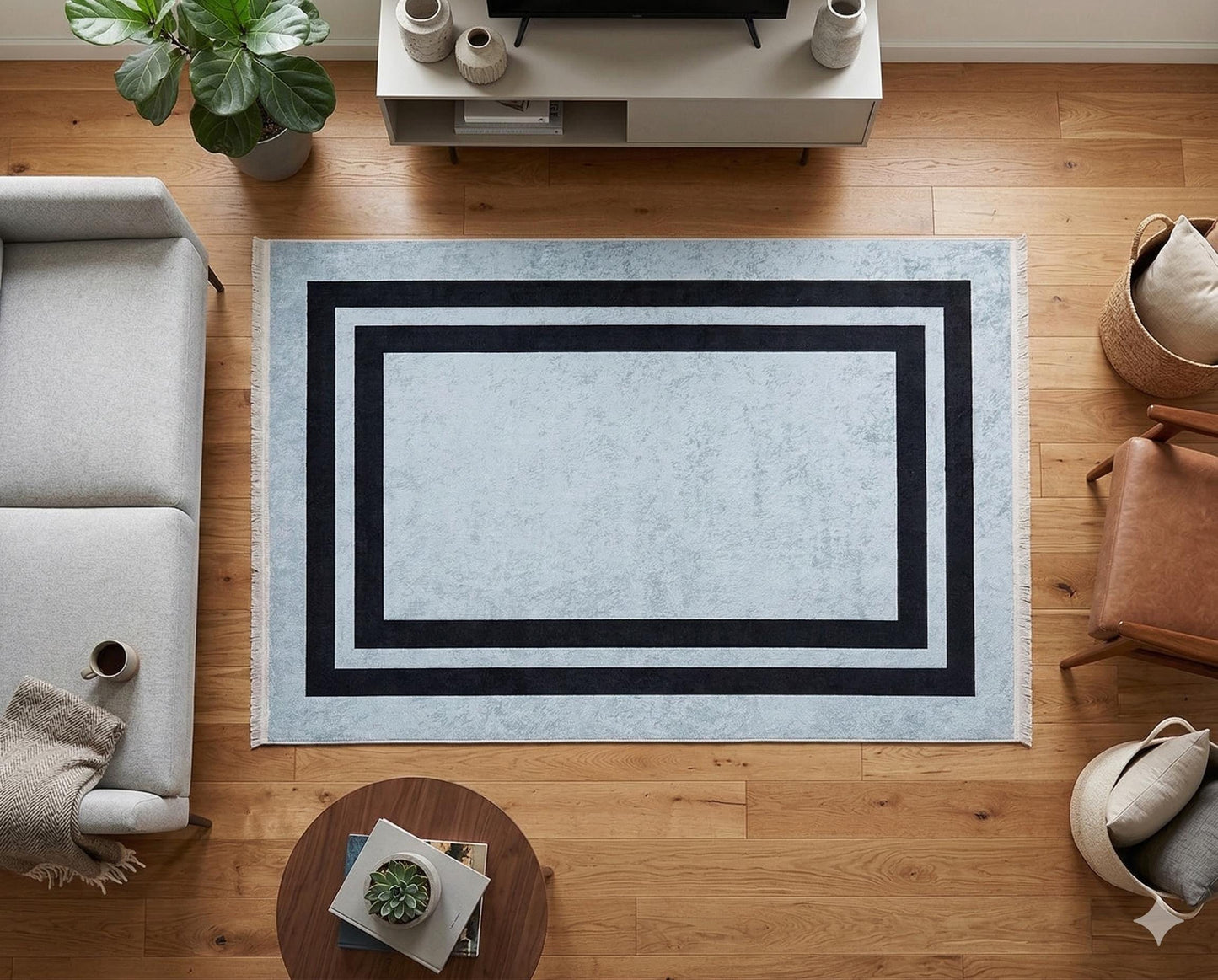Modern Geometric Gray Area Rug, Black Frame Border, Scandinavian Living Room Carpet