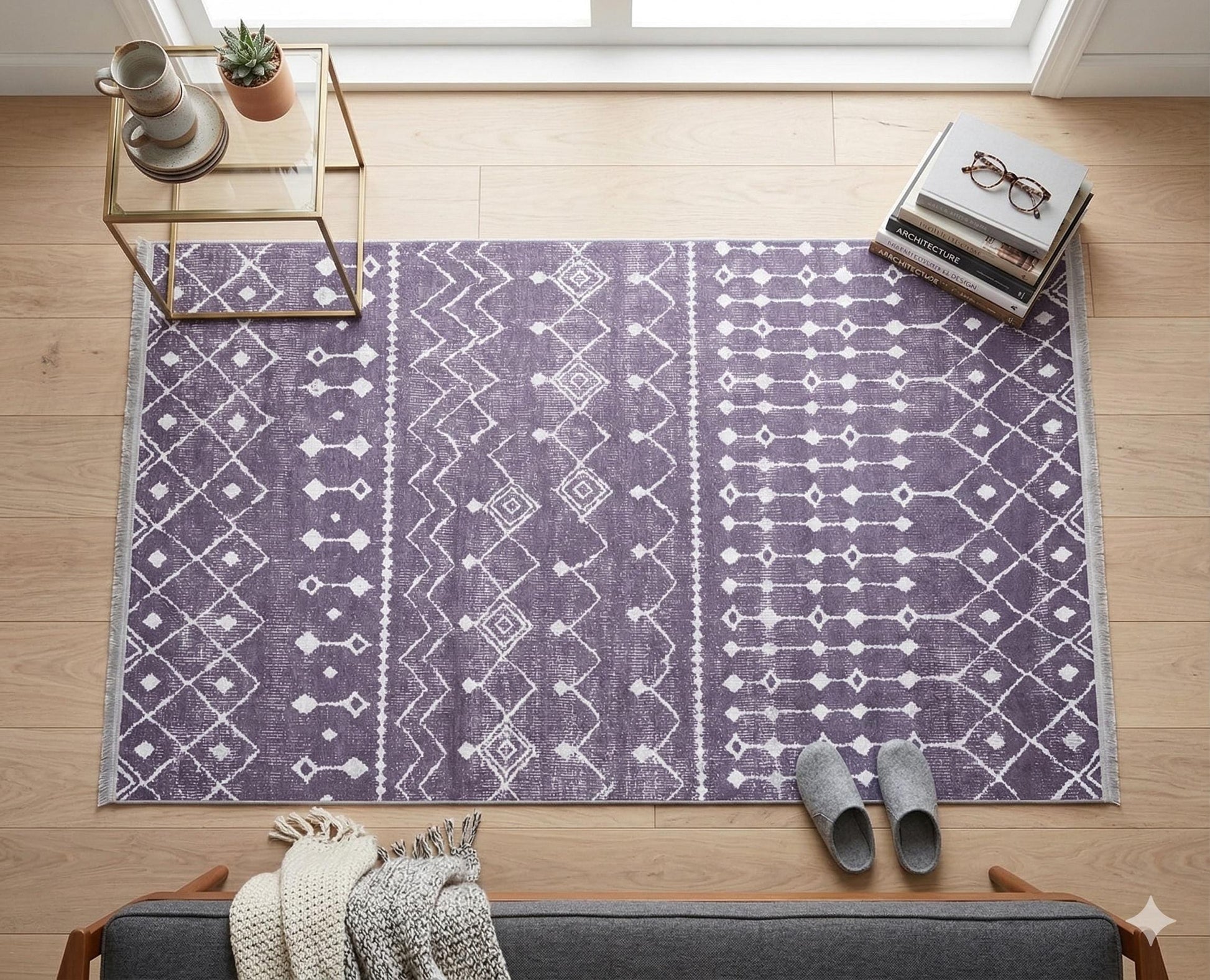 Purple Geometric Tribal Moroccan Style Rug, Scandinavian Living Room Carpet